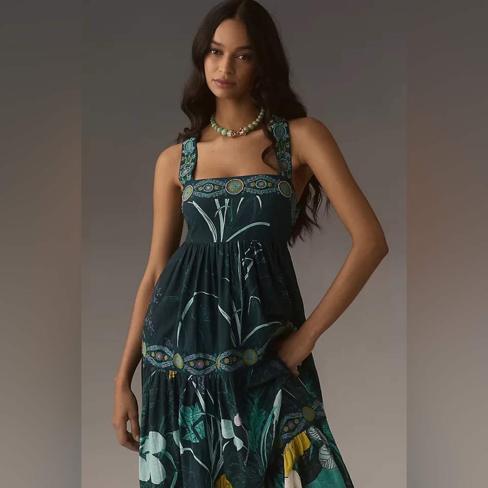 Anthropologie Square-Neck Embellished Midi Dress